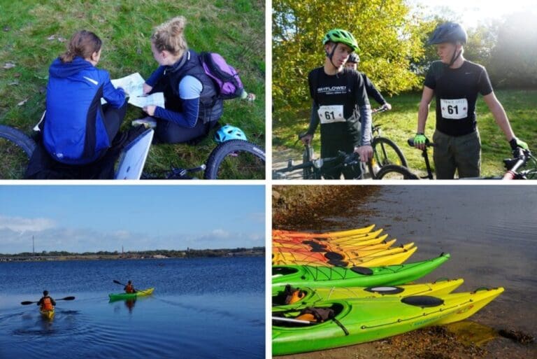 Billedcollage af efterskoleelever til x-race med mountainbike og kajak