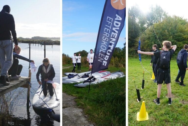 Billedcollage af elever på SUP og med bue og pil
