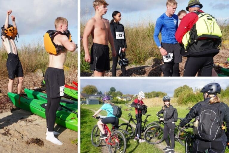 Elever ved vandet klar til kajak i billedcollage fra Adventure Efterskolens x-race